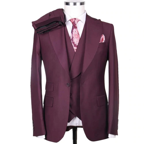 Men's jam purple peak lapel 3pcs suit.