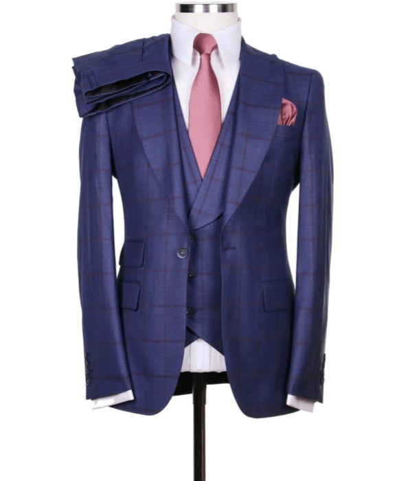 light navy blue checked single breasted 3pcs suit