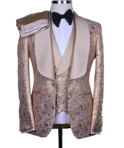 Men's gold jacquard shawl lapel 3pcs tux