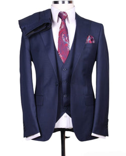 Classic Men's navy blue single button peak lapel 3pcs suit.