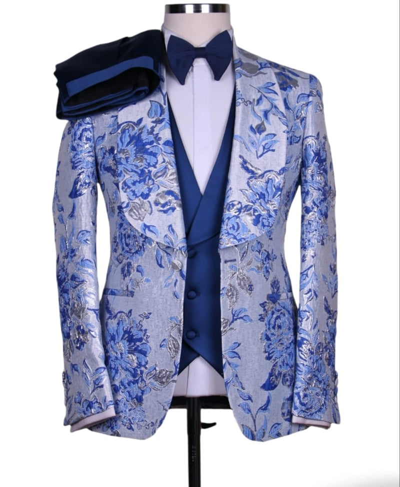 Men's Blue jacquard shawl lapel 3pcs tux