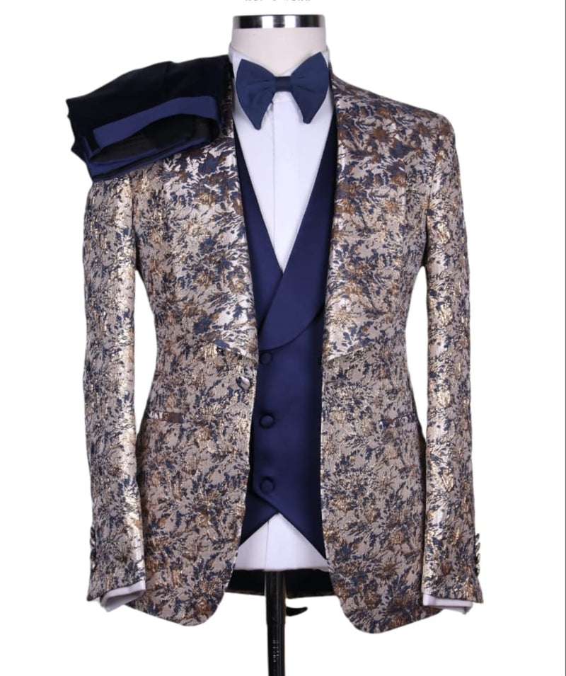 Men's Gold and Blue  jacquard shawl lapel 3pcs tux
