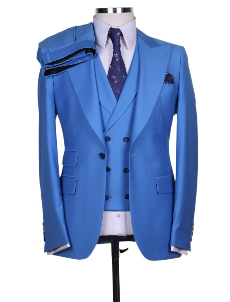 Men's maya blue peak lapel 3pcs suit
