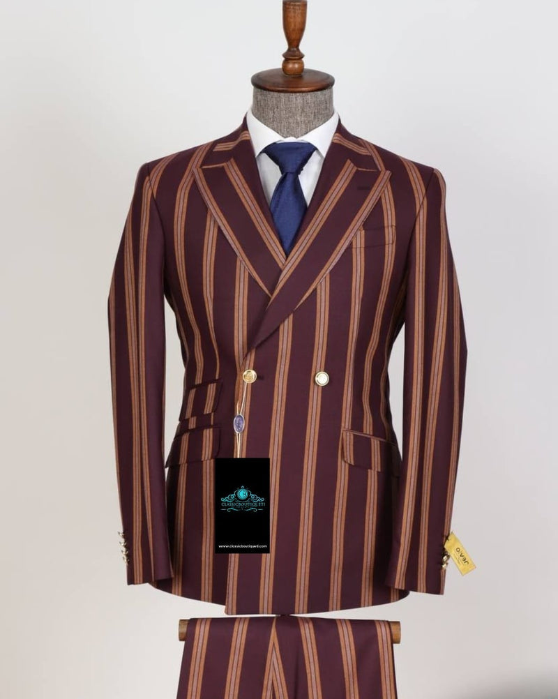 Double Breasted Striped - burgery Color- Golden Button Casual Men's Suit