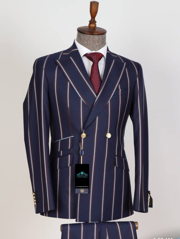 Double Breasted Striped - Navy blue- Golden Button Casual Men's Suit