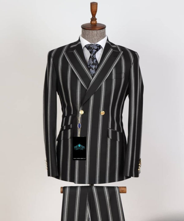 Double Breasted Striped - Black Color- Golden Button Casual Men's Suit