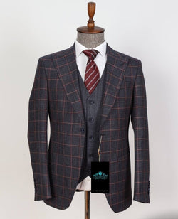 3 Piece Checked, Combination Casual Suit Single Breasted Peak Lapel, Patched Pocket, Men's Suit, Adjustable Pants With Belt , 180's Wool