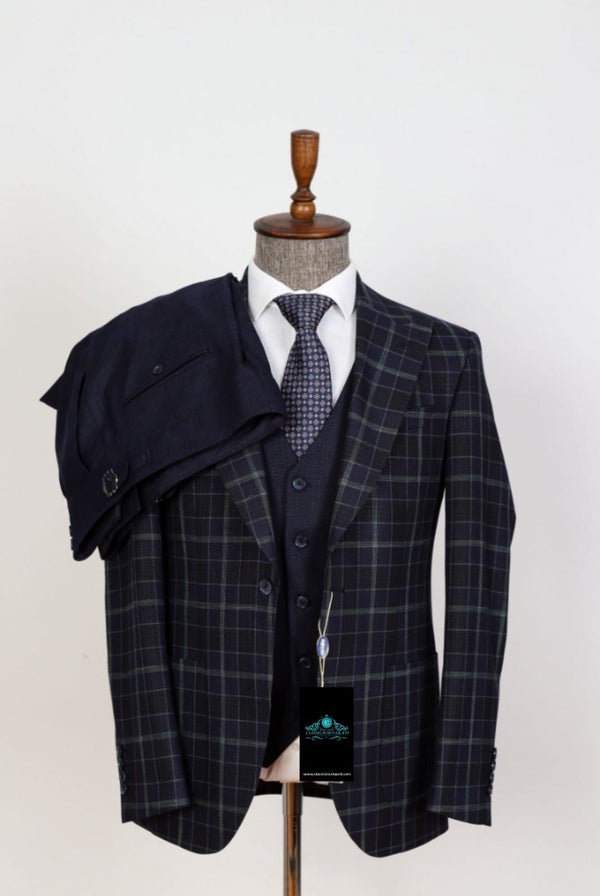 3 Piece Checked, Combination Casual Suit Single Breasted Peak Lapel, Patched Pocket, Men's Suit, Adjustable Pants With Belt , 180's Wool