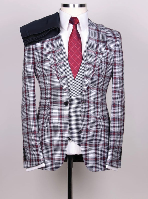 burgundy plaid single button 3pcs suit