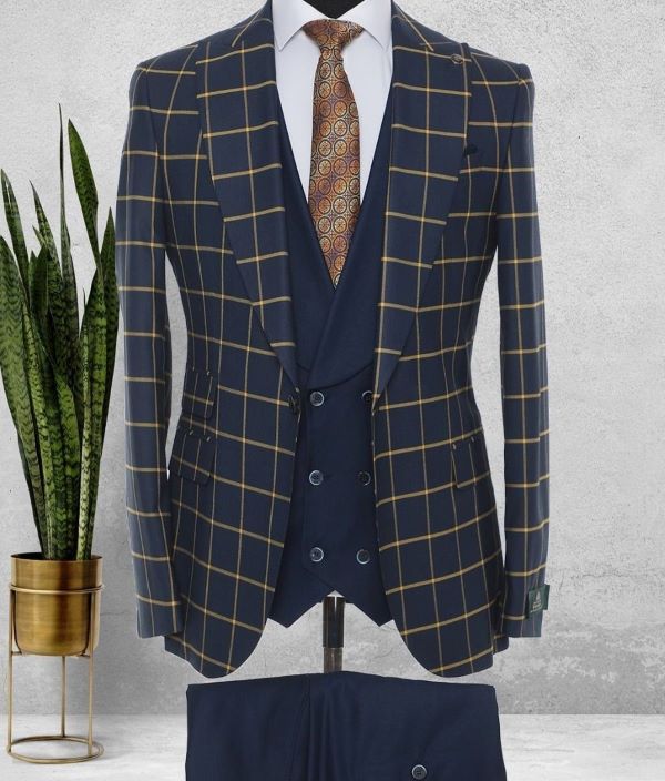 checked single breasted 3pcs suit