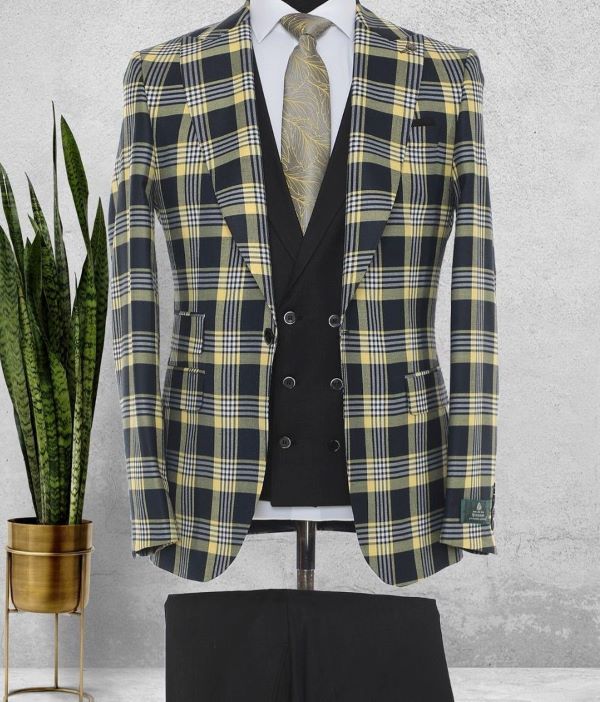 Men's  checked single breasted 3pcs suit