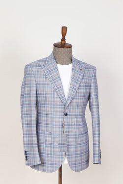Two Button , Patched Pocket Blue Checked Men Blazer