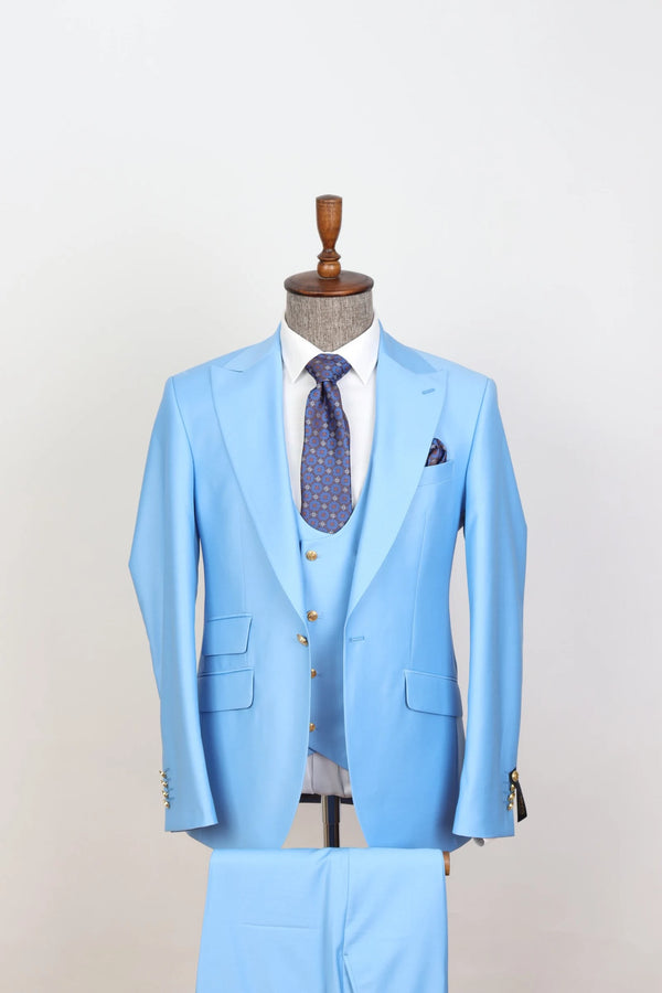 Sky Blue 3-piece slim fit suit double breasted U vest