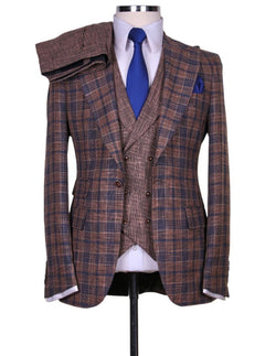 Brown and Blue Plaid 3-Piece Slim Fit Suit With Double Breasted V Vest