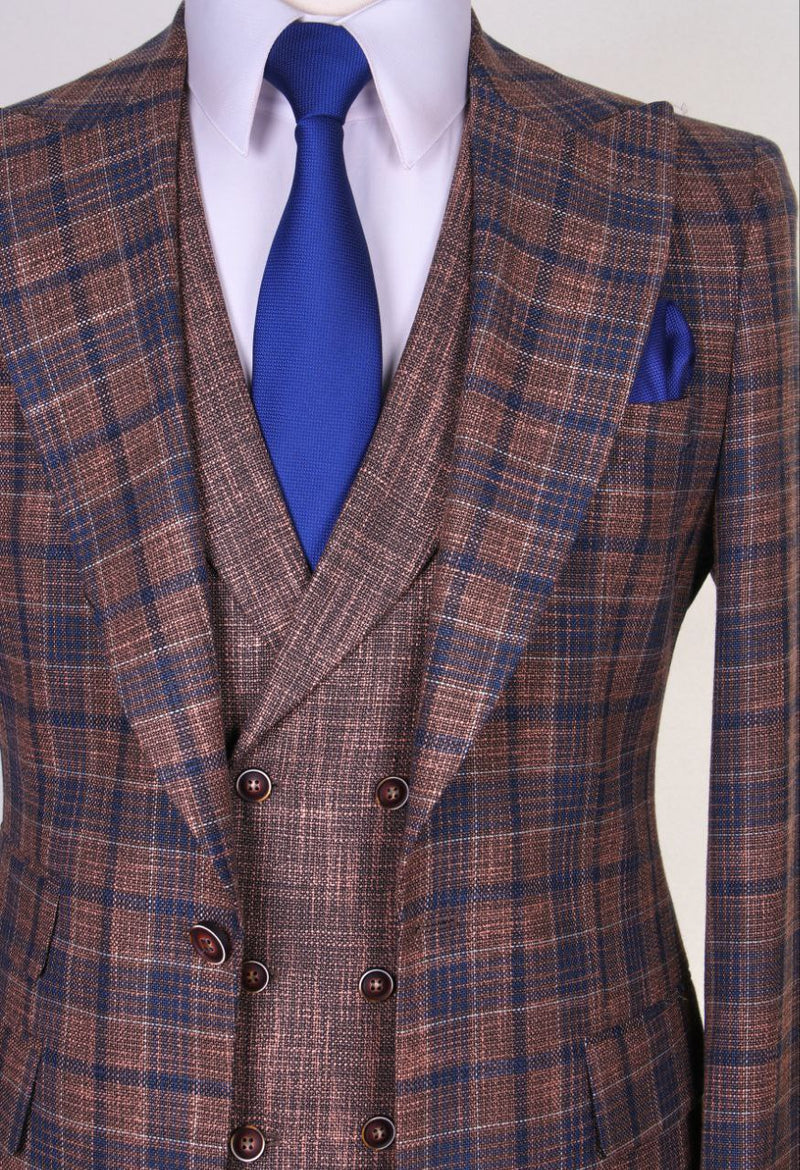 Brown and Blue Plaid 3-Piece Slim Fit Suit With Double Breasted V Vest